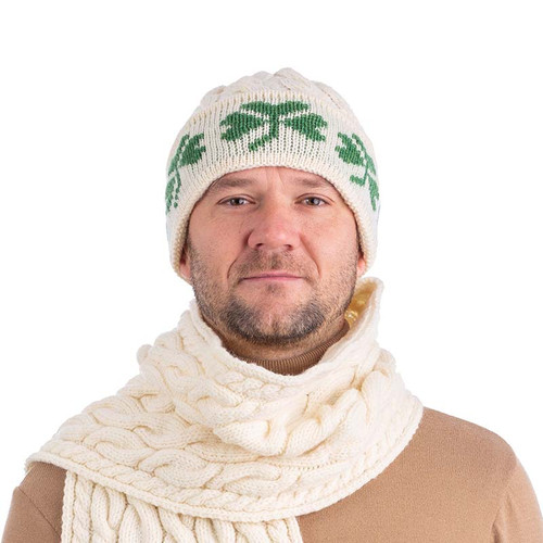 SAOL Shamrock Men's Cable Knit Irish Wool Hat Natural MM256 Front View ShamrockGift.com