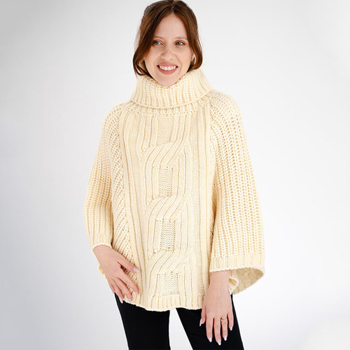 Saol Cable Cowlneck Poncho ML133 Natural Front Shamrockgift.com