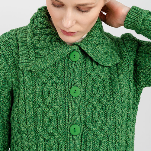  ML109 105 GREEN Colour Irish Button Cardigan for Women  Merino Wool with Flap Collar Shamrockgift.com