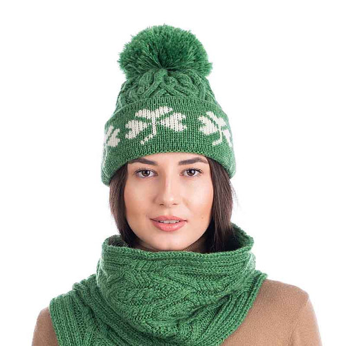 SAOL Ladies Merino Wool Hat with Green Shamrocks ML253 Green ShamrockGift.com