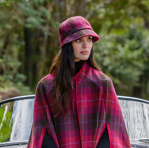 Mucros Weavers Irish Hat Flapper Style Raspberry Plaid MWFH223 Shamrockgift.com
