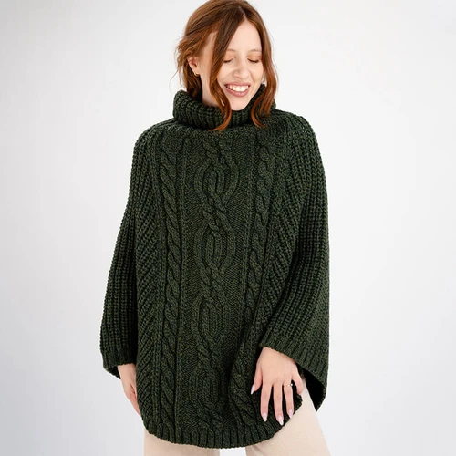 Saol Cable Cowl Neck Poncho ML132 Army Green Front view Shamrockgift.com