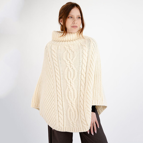 ML132-100 NATURAL WHITE Color Ladies Rolled Collar Irish Poncho Sweater Shamrockgift.com ML132-100 NATURAL WHITE Color Ladies Rolled Collar Irish Poncho Sweater Shamrockgift.com