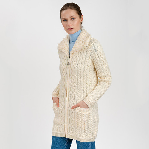 ML114-100 Womens Double Collar Aran Cardigan with Zipper Shamrockgift.com.