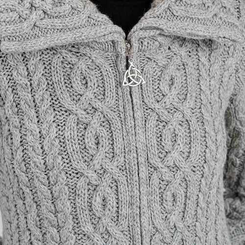 ML114-103 Womens Double Collar Aran Cardigan with Zipper Closeup Zip View Shamrockgift.com