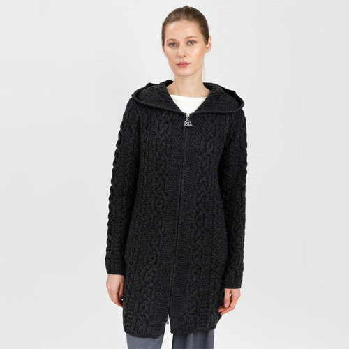 ML128-101 Hooded Aran Coat with Celtic Knot Zipper Shamrockgift.com