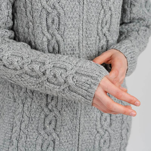 ML128 103 GREY Colour Irish Knit Hooded Coat Cable Stitch Pockets Closeup Front Pocket View SHamrockgift.com