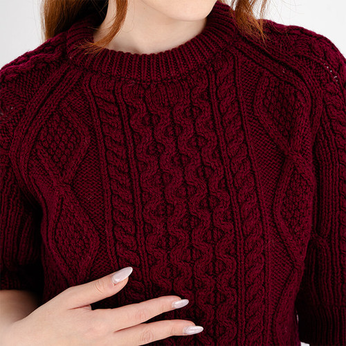 ML151-108 Wine Color Merino Wool Three Quarter Sleeve Cable Knit Sweater Closeup View ShamrockGift.com