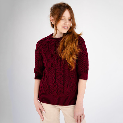 ML151-108 Wine Color Merino Wool Three Quarter Sleeve Cable Knit Sweater ShamrockGift.com ML151-108 Wine Color Merino Wool Three Quarter Sleeve Cable Knit Sweater ShamrockGift.com