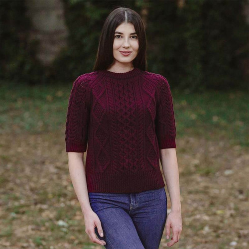 SAOL Ladies Ribbed Cable Sweater Wine ML151 Front ShamrockGift.com