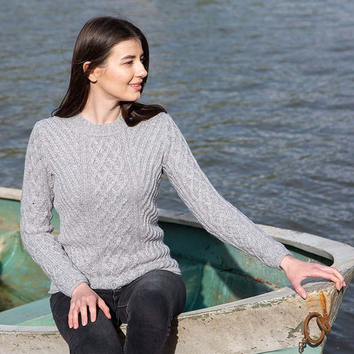 SAOL Ladies Aran Tunic Sweater AWL115 Grey Lifestyle ShamrockGift.com