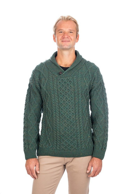 SAOL Knitwear Men's One Button Shawl Wool Collar Cable Sweater Connemara Green SA209 ShamrockGift.com