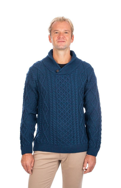 SAOL Knitwear Men's One Button Shawl Wool Collar Cable Sweater Atlantic Blue SA209 ShamrockGift.com