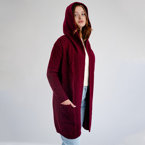 ML116-108 Merino Wool Aran Leaf Stitch Hooded Coat Shamrockgift.com