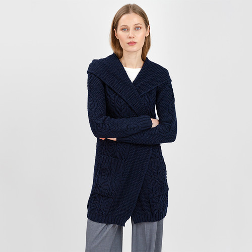 ML116-104 Merino Wool Aran Leaf Stitch Hooded Coat Shamrockgift.com