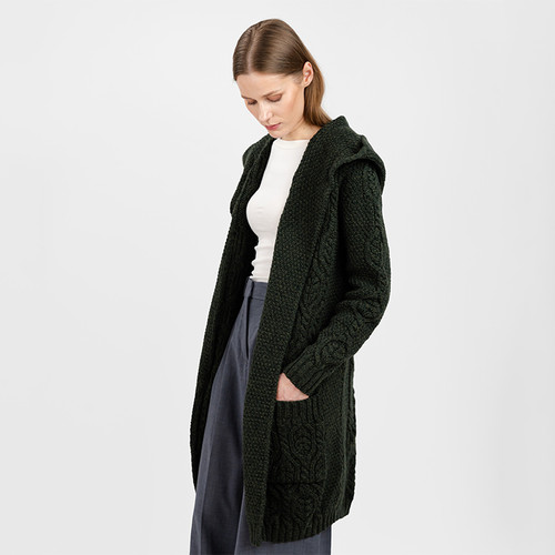 ML116-102 Merino Wool Aran Leaf Stitch Hooded Coat Side Shamrockgift.com