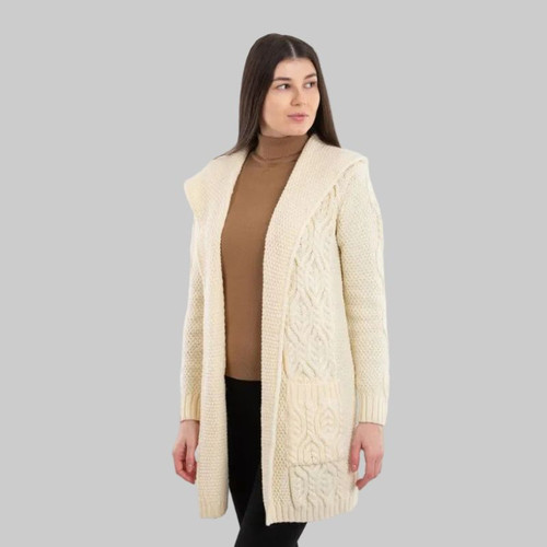 ML116-100 Merino Wool Aran Leaf Stitch Hooded Coat White Shamrockgift.com