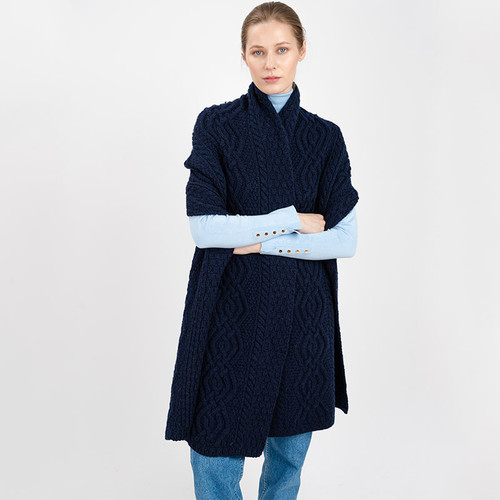 ML124-104 Navy Merino Wool Fisherman Aran Cable Wrap Front View ShamrockGift.com  ML124-104 Navy Merino Wool Fisherman Aran Cable Wrap Front View ShamrockGift.com