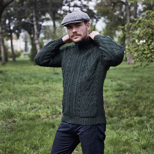 Saol Men's Irish Aran Zipper Cardigan MM205  
Army Green Face Shamrockgift.com