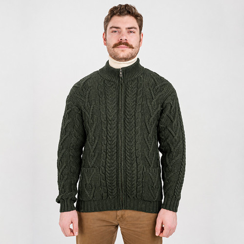 MM205-102 Army Green Men's Irish Aran Zipper Cardigan ShamrockGift.com