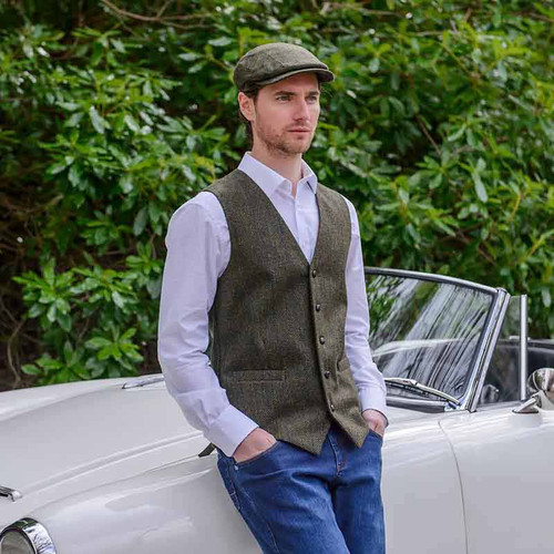 Mucros Weavers Men's Full Back Wool Tweed Vest Green ShamrockGift.com
