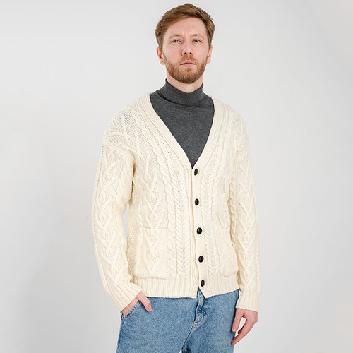 SAOL Men's Merino Wool Irish Cable Knit V-Neck Cardigan MM201 Natural Front ShamrockGift.com