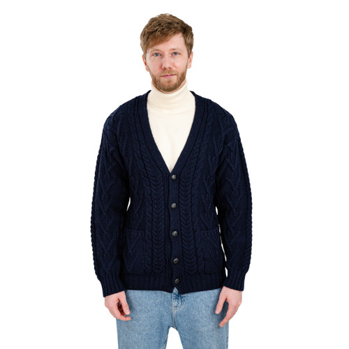 MM201-104 Mens Merino Wool Irish Cable Knit V-Neck Cardigan Closed ShamrockGift.com