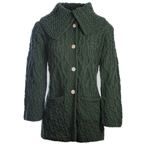 Aran Woollen Mills Ladies long 3 Pattern Merino Cardigan B557 Army Green ShamrockGift.com