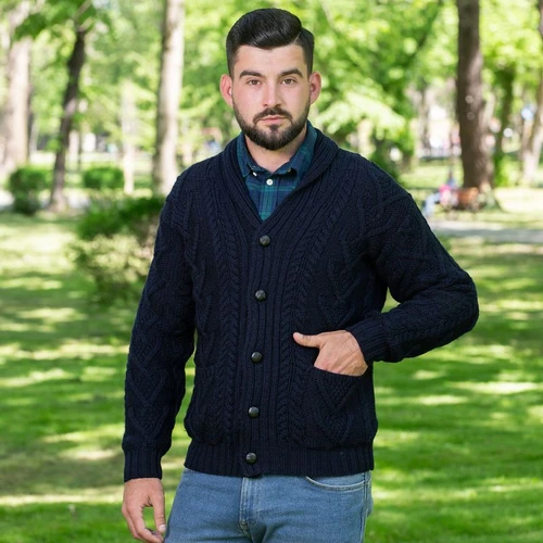 Saol Men's Aran Cable Shawl-Collar Cardigan MM200 Navy Front view Lifestyle Shamrockgift.com