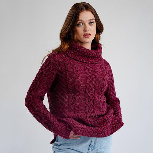 ML117 112 VELVET RED Classic Aran Cable Stitch Sweater with Full Funnel Neck ShamrockGift.com
