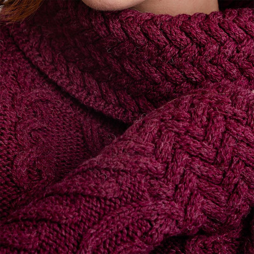 ML117 112 VELVET RED Classic Aran Cable Stitch Sweater with Full Funnel Neck Closeup View Stitches ShamrockGift.com