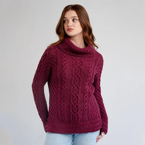 ML117 112 VELVET RED  Machine Washable Aran Sweater with Cable Stitch Detailing ShamrockGift.com