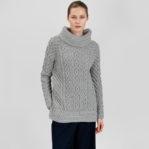 ML117 103 GREY Colour  Fisherman Wool Funnel Neck Sweater ShamrockGift.com