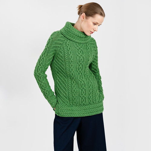 ML117 105 GREEN Colour  Fisherman Wool Funnel Neck Sweater ShamrockGift.com