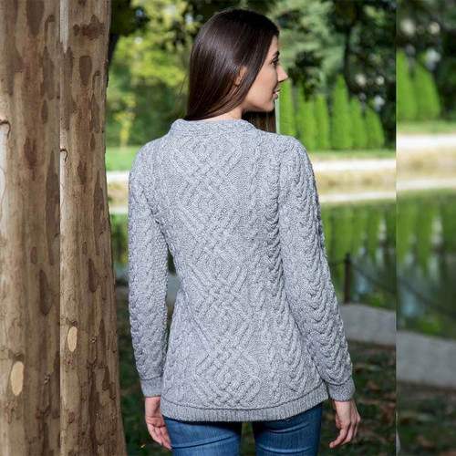 Saol Women's Cable Knit Crew Sweater Grey back ML102 ShamrockGift.com