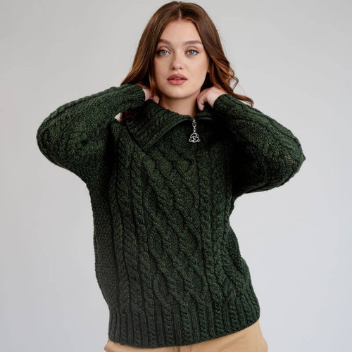 ML160 aRMY gREEN Ladies Knit Funnel Neck Supersoft Wool Sweater Front ShamrockGift.com