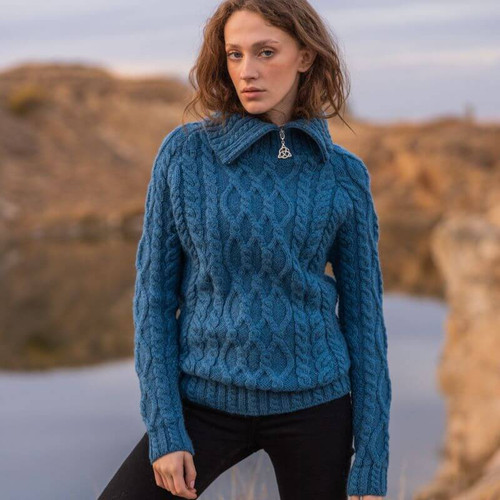 ML160-107 Teal Ladies Knit Funnel Neck Supersoft Wool Sweater Front ShamrockGift.com