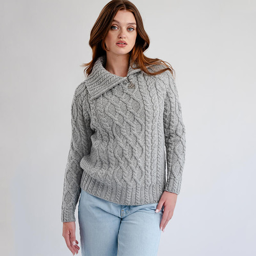 ML160-103 Ladies Knit Funnel Neck Supersoft Wool Sweater Grey Front ShamrockGift.com