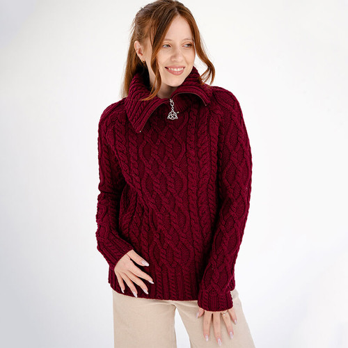 ML160-108 Wine Ladies Knit Funnel Neck Supersoft Wool Sweater Wine Front ShamrockGift.com
