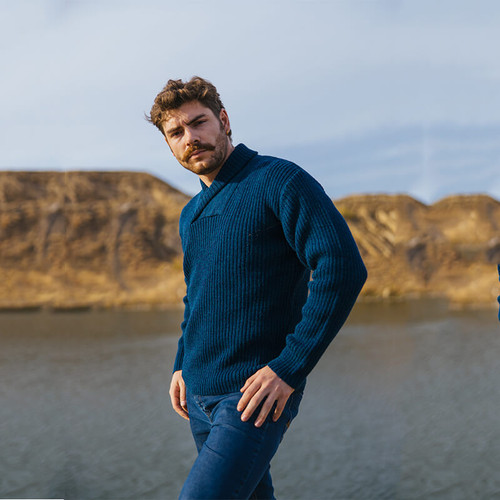 Saol Men's Shawl Collar Aran Fishermans Sweater Ocean Blue MM224 ShamrockGift.com