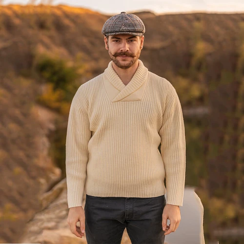 Saol Men's Shawl Collar Aran Fishermans Sweater Natural MM224 ShamrockGift.com