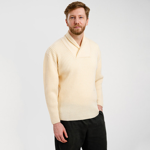 MM224 Men's Shawl Collar Aran Fisherman's Sweater Natural Front ShamrockGift.com