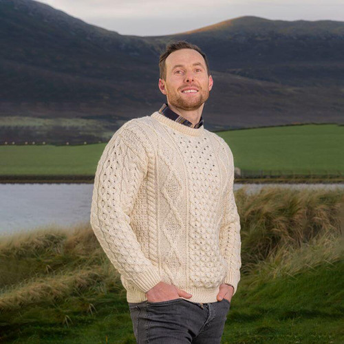 Traditional Men's Crew Neck Aran Sweater B392 Natural White ShamrockGift.com