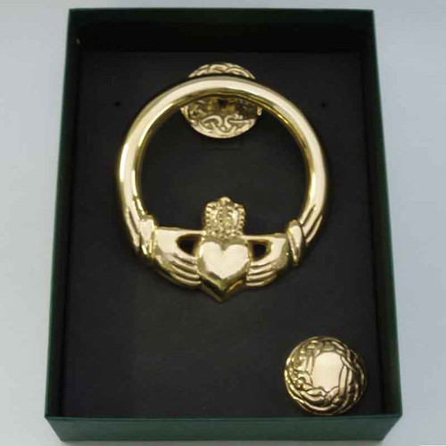 Robert Emmet Company Medium Brass Claddagh Door Knocker Round Back RE5837-A Shamrockgift.com