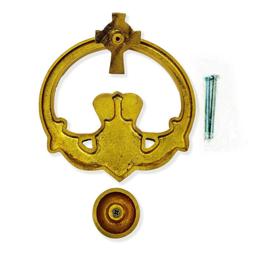 Medium Brass Claddagh Door Knocker Cross Back Gold Plate back EDK120-PB Shamrockgift.com