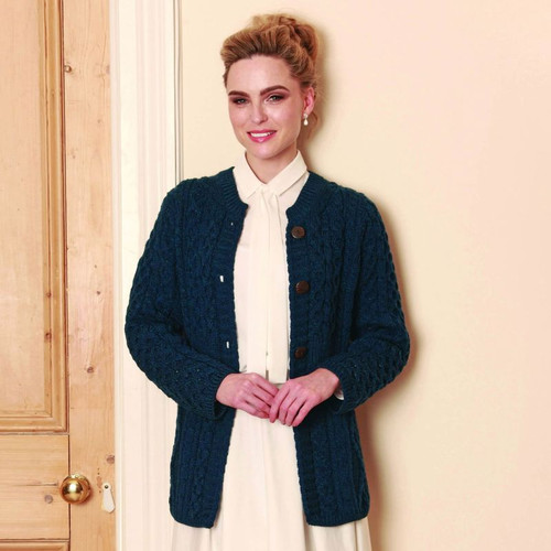 Aran Woollen Mills Aran Patchwork Cardigan Blue Color Front View A685 ShamrockGift.com