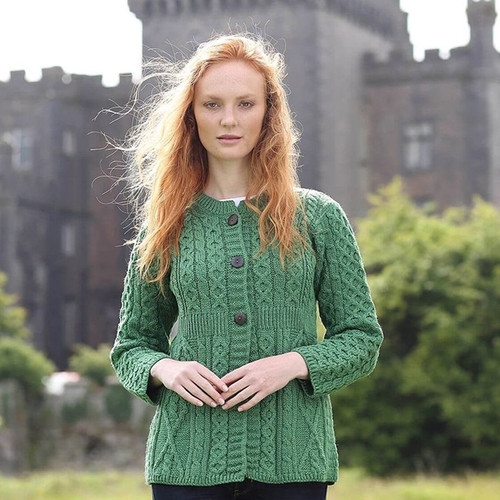 Aran-Woollen-Mills-Aran-Patchwork-Cardigan-Green-Color-Front-View-A685-ShamrockGift.com