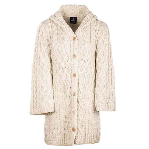 Aran Woollen Mills Ladies Merino long cardigan with hood B556 White Front Shamrockgift.com