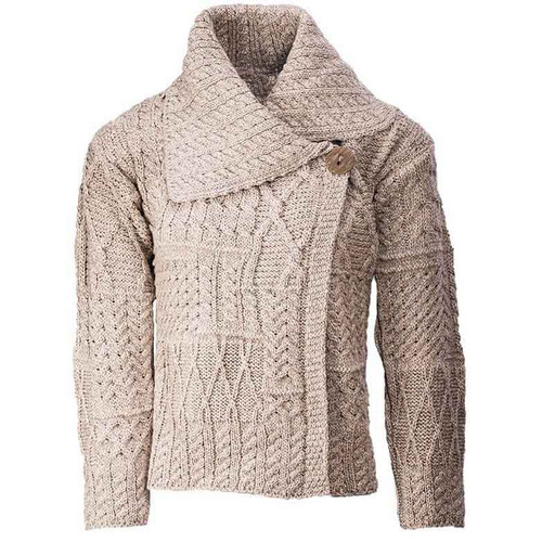 Aran Woollen Mills Carraig Donn Irish Cardigan A313077 Front View Shamrockgift.com