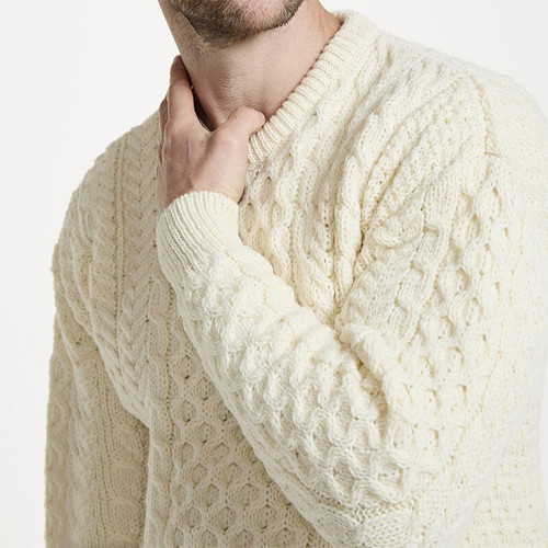 A825033 Natural White Color Men's Irish Aran Sweater Closeup View Knit  ShamrockGift.com